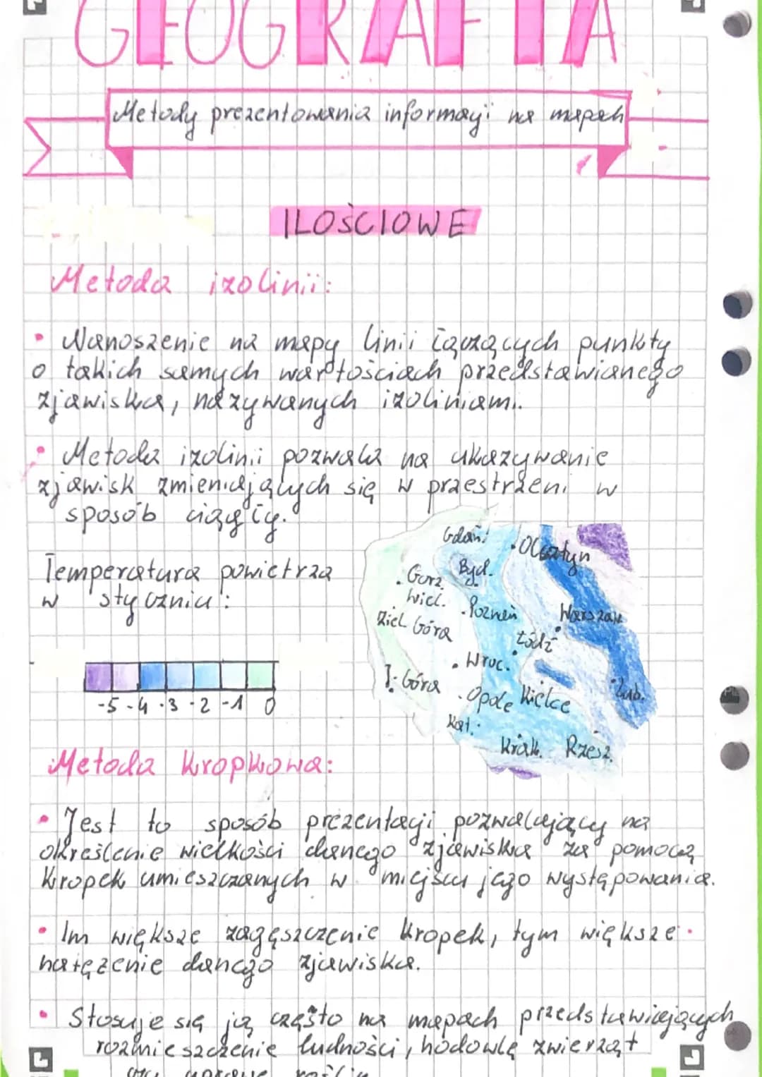 GEOGRIAFFIA
-Metody prezentowania informayi na mapach.
Metoda izolinii:
ILOŚCIOWE!
linii cauzących punkty
。 takich samych wartościach przeds