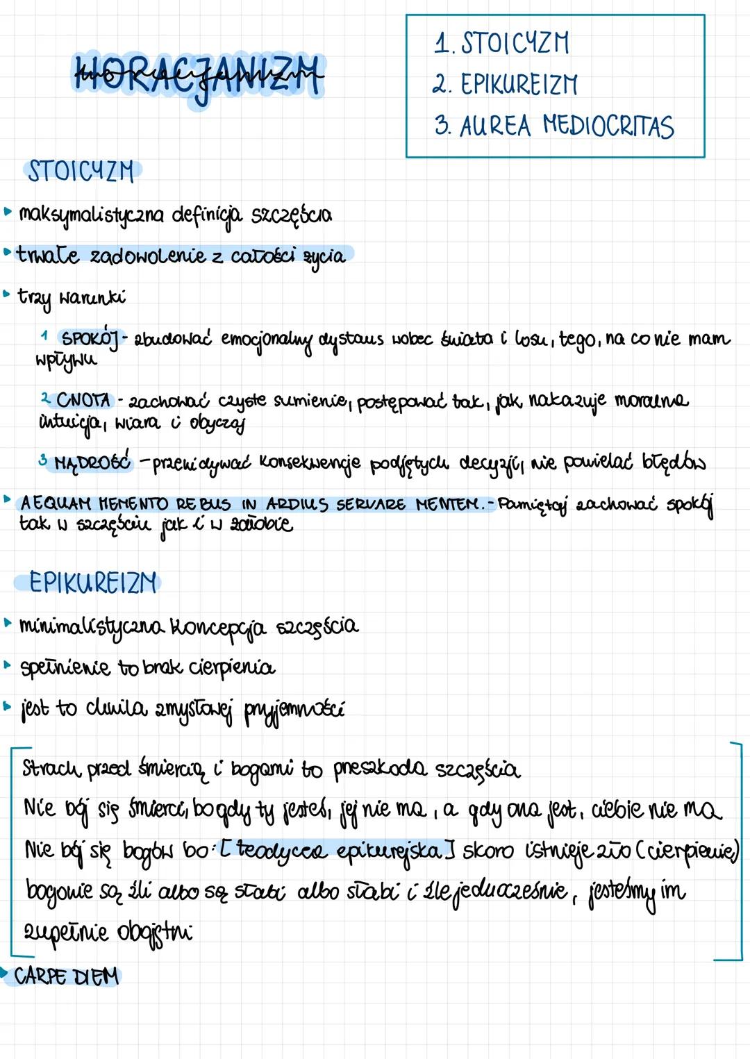 # HORACJANIZM

STOICYZM

▸ maksymalistyczna definicja szczęścia

⚫trwałe zadowolenie z całości zycia

*   trzy warunki

1.  STOICYZM
2.  EPI
