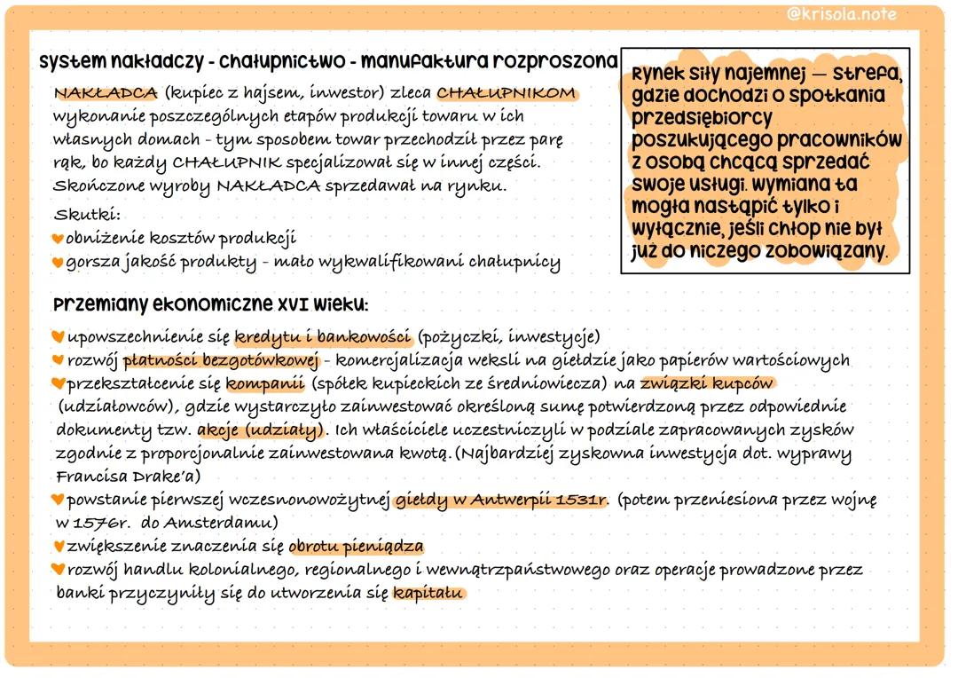 Przemiany społeczno-gospodarcze w XVI, XVII i XVIII wieku - Notatka