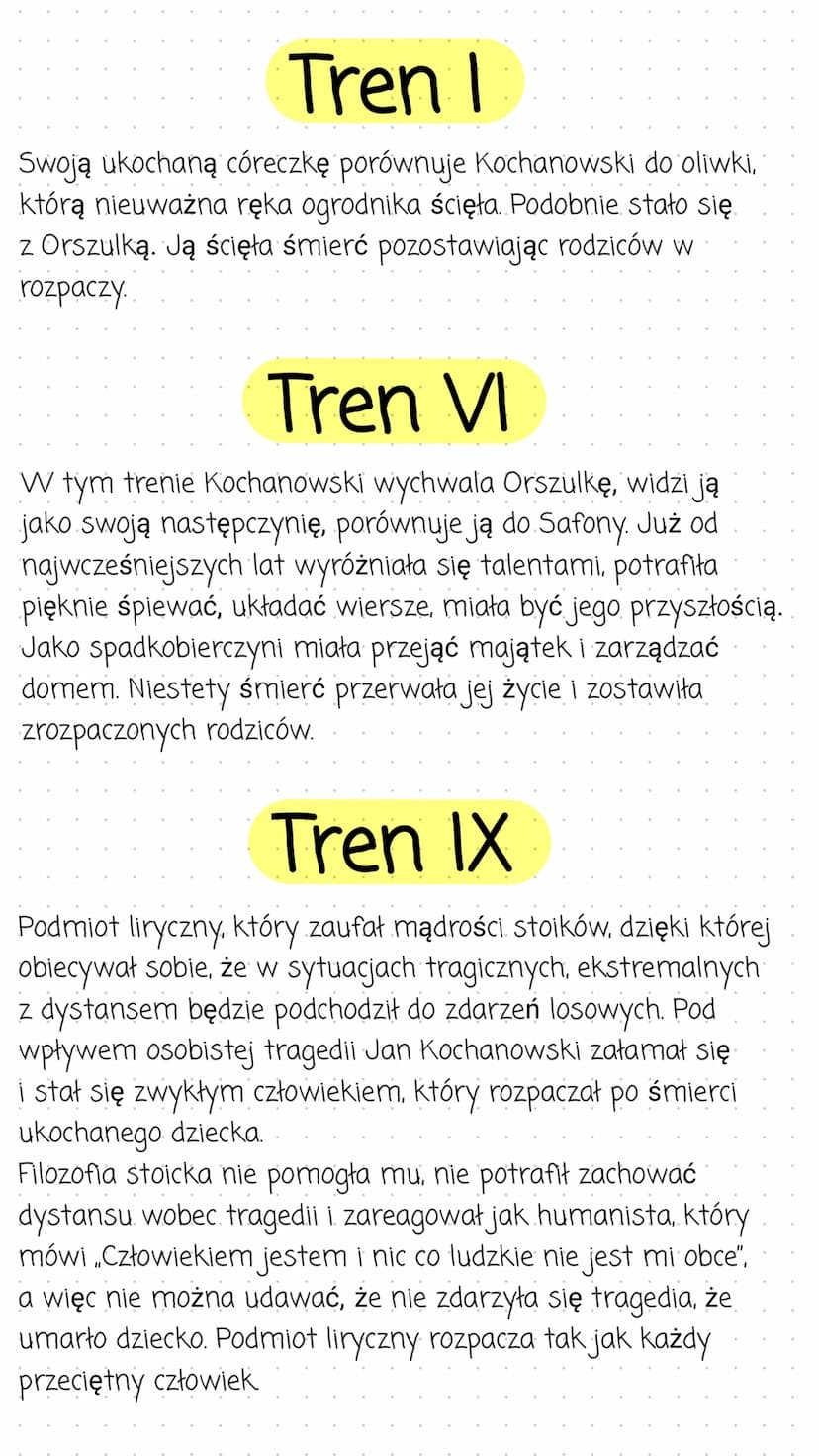Treny
Treny są poświęcone 2,5 letniej córce Jana
Kochanowskiego. Śmierć Urszulki była ciosem i impulsem
do powstania dzieła. Treny są uważan