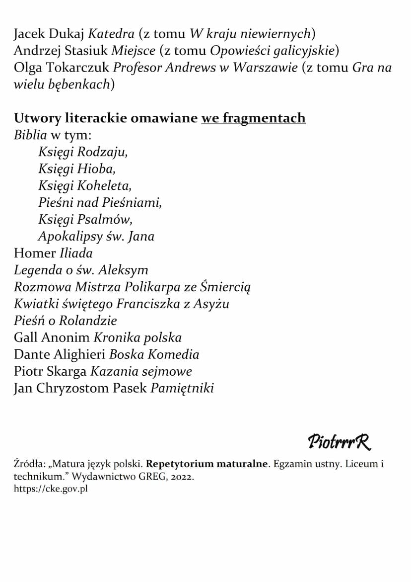 Lektury - matura - ZAKRES
PODSTAWOWY
Obowiązuje znajomość całego utworu:
Jan Parandowski Mitologia, część I Grecja
Sofokles Antygona
Jan Koc