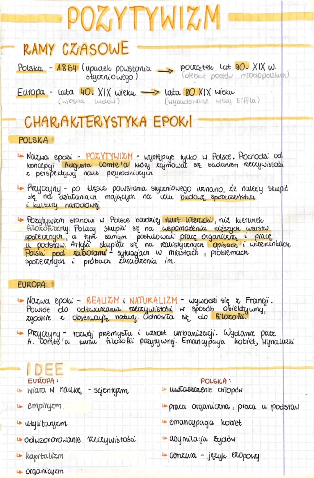 POZYTYWIZM
RAMY CZASOWE
Polska - 1864 (upudek powstania
styczniowego)
Europa lata 40. XIX wieku
(wiosna
wolow)
poczatek lat 90. XIX w.
(debi