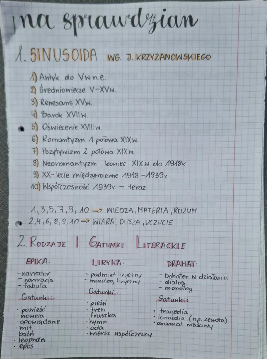 --- OCR Start ---
Ina sprawdzian
1. SINUSOIDA WG. J. KRZYŻANOWSKIEGO
1) Antyk do Vw.n.e.
2) Średniowiecze V-XVw.
3) Renesans XVw.
4) Barok X