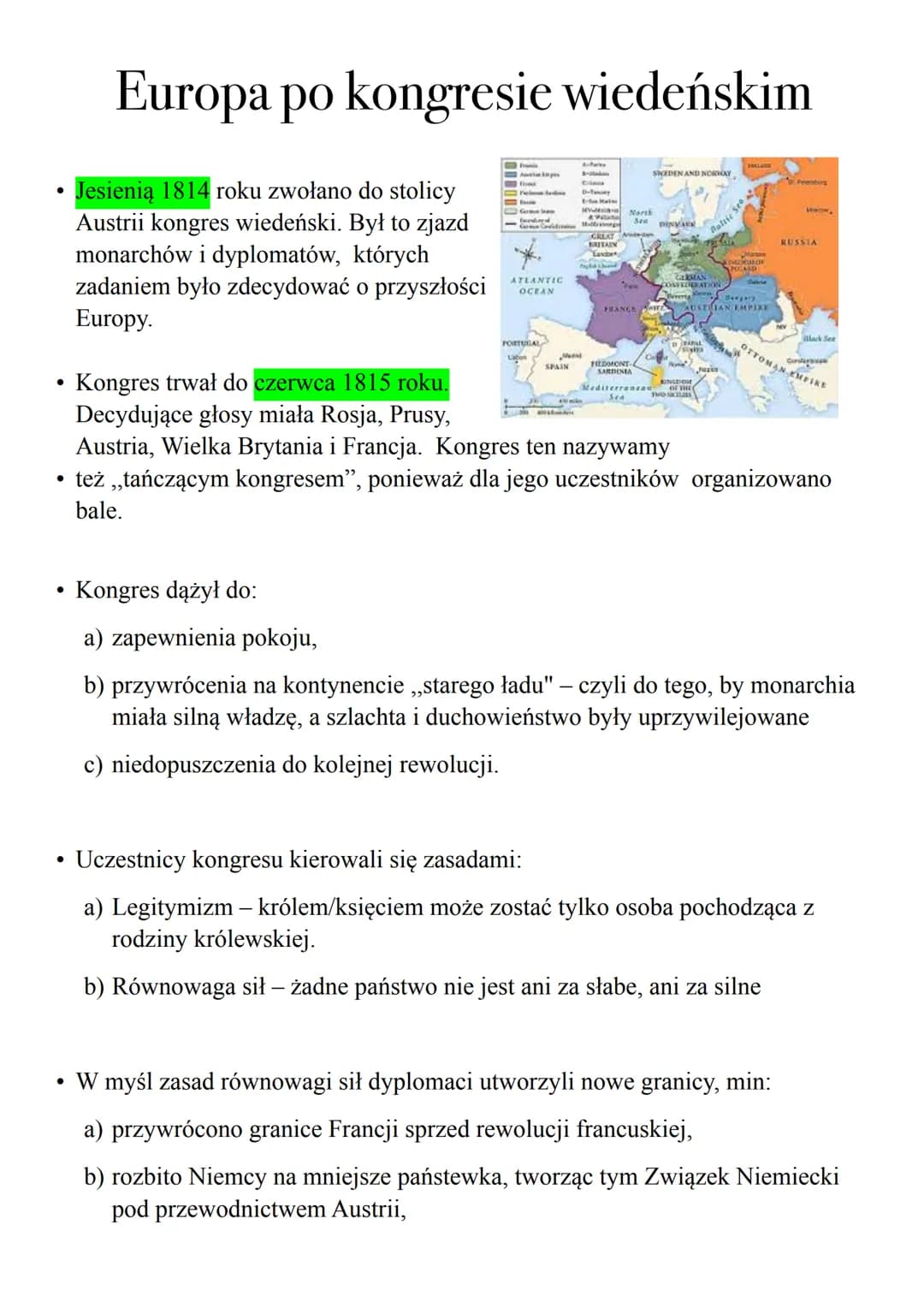 ●
Europa po kongresie wiedeńskim
●
Jesienią 1814 roku zwołano do stolicy
Austrii kongres wiedeński. Był to zjazd
monarchów i dyplomatów, któ