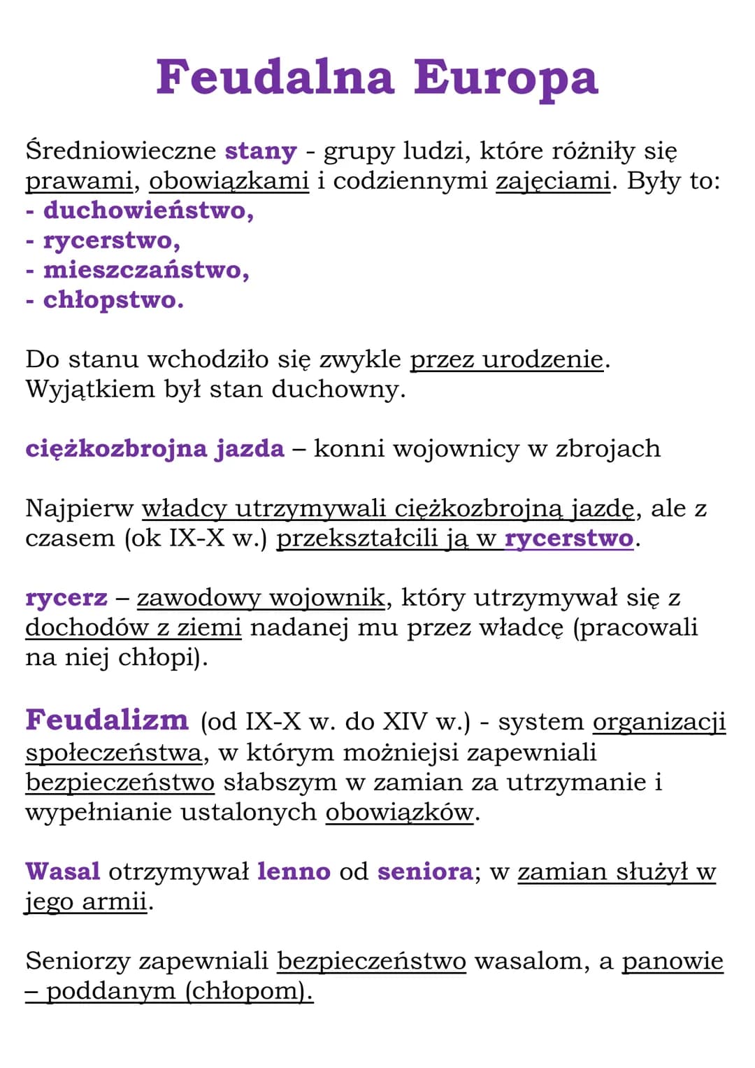 Feudalna Europa
Średniowieczne stany - grupy ludzi, które różniły się
prawami, obowiązkami i codziennymi zajęciami. Były to:
- duchowieństwo