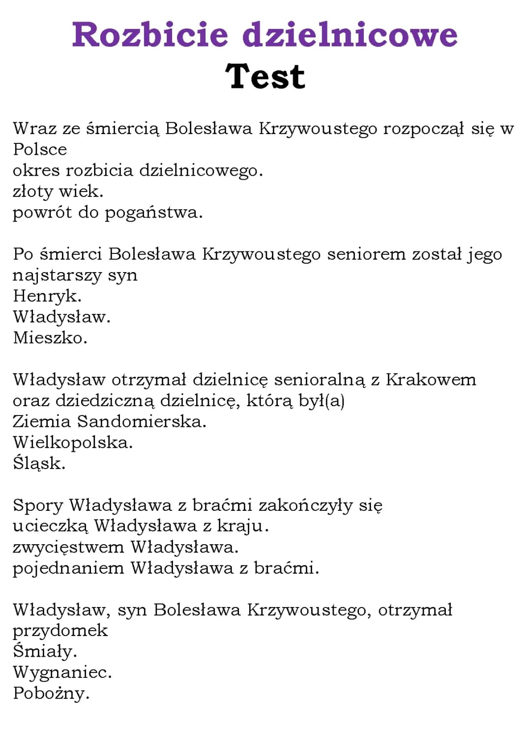 Rozbicie dzielnicowe Test