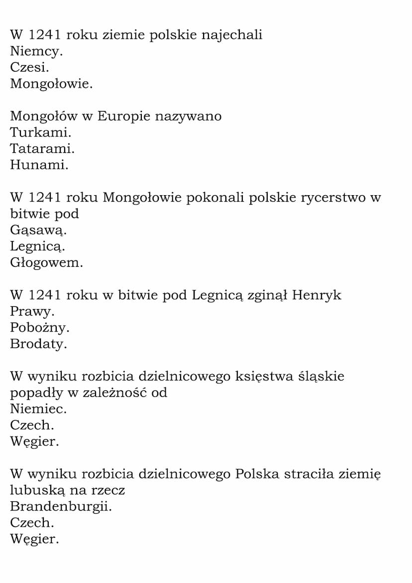 Rozbicie dzielnicowe
Test
Wraz ze śmiercią Bolesława Krzywoustego rozpoczął się w
Polsce
okres rozbicia dzielnicowego.
złoty wiek.
powrót do