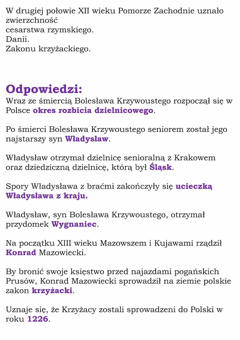 Rozbicie dzielnicowe
Test
Wraz ze śmiercią Bolesława Krzywoustego rozpoczął się w
Polsce
okres rozbicia dzielnicowego.
złoty wiek.
powrót do