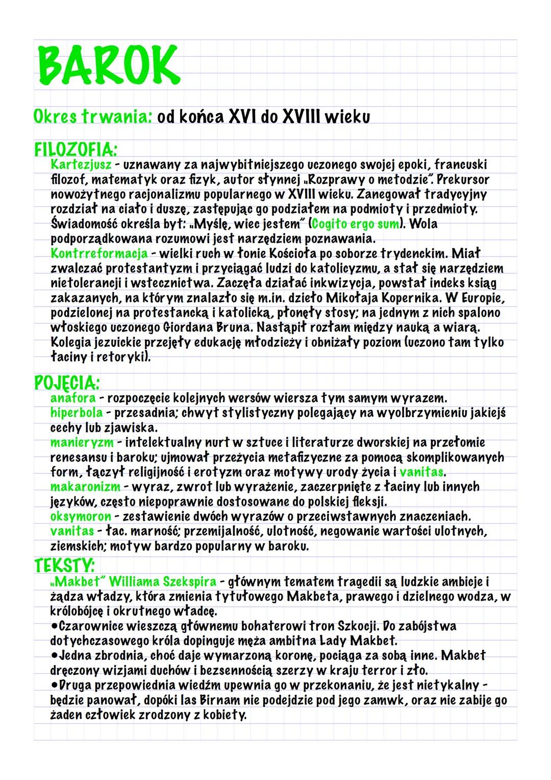BAROK
Okres trwania: od końca XVI do XVIII wieku
FILOZOFIA:
Kartezjusz - uznawany za najwybitniejszego uczonego swojej epoki, francuski
filo