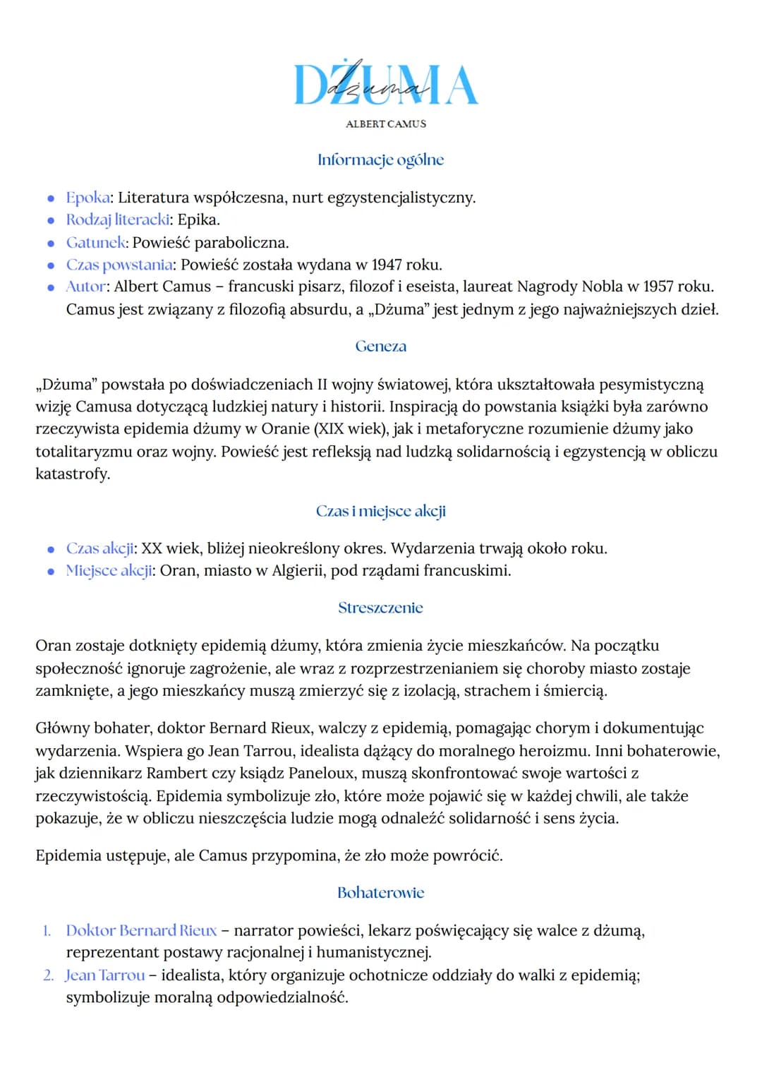 DiskmA
та
ALBERT CAMUS
Informacje ogólne
⚫ Epoka: Literatura współczesna, nurt egzystencjalistyczny.
•
Rodzaj literacki: Epika.
⚫ Gatunek: P