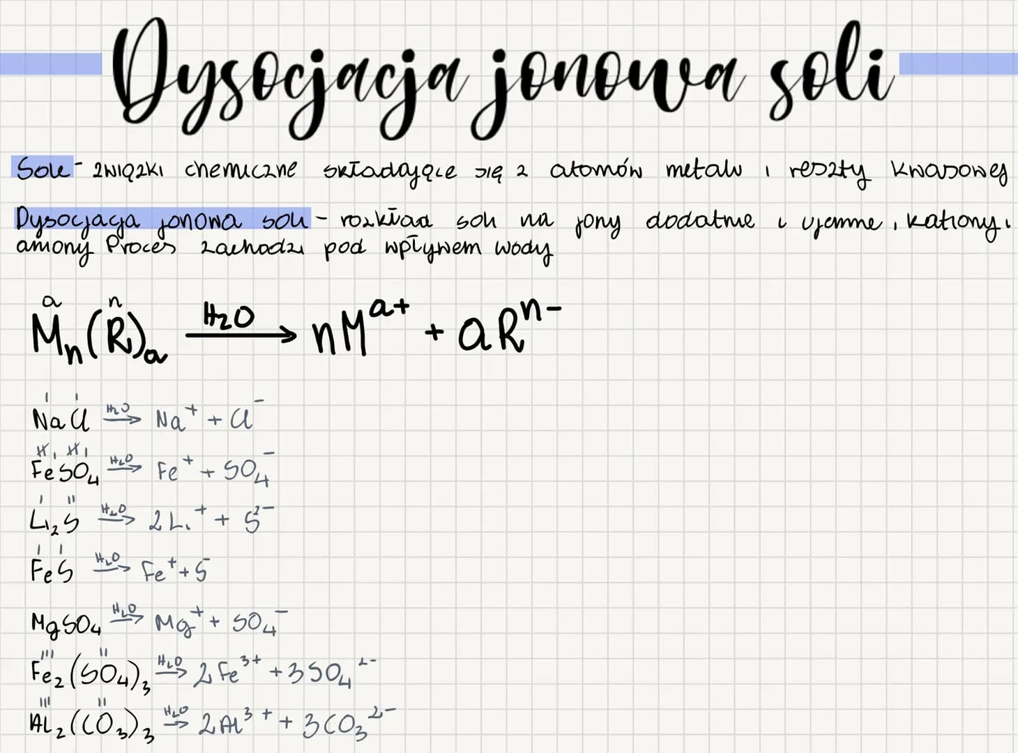 Dysocjacja jonowa soli
Sole - 2WIQ2KI chemiczne składające się 2 atomów metal reszty kwasowy
Dysocjaga jonowa sou - rozkład soh na jony doda