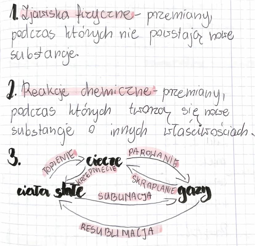 1. Zjawiska fizyczne- przemiany,
podczas których nie poistają hoke
substange.
2. Reakcje chemiczne - przemiany,
podczas których tworzy się n