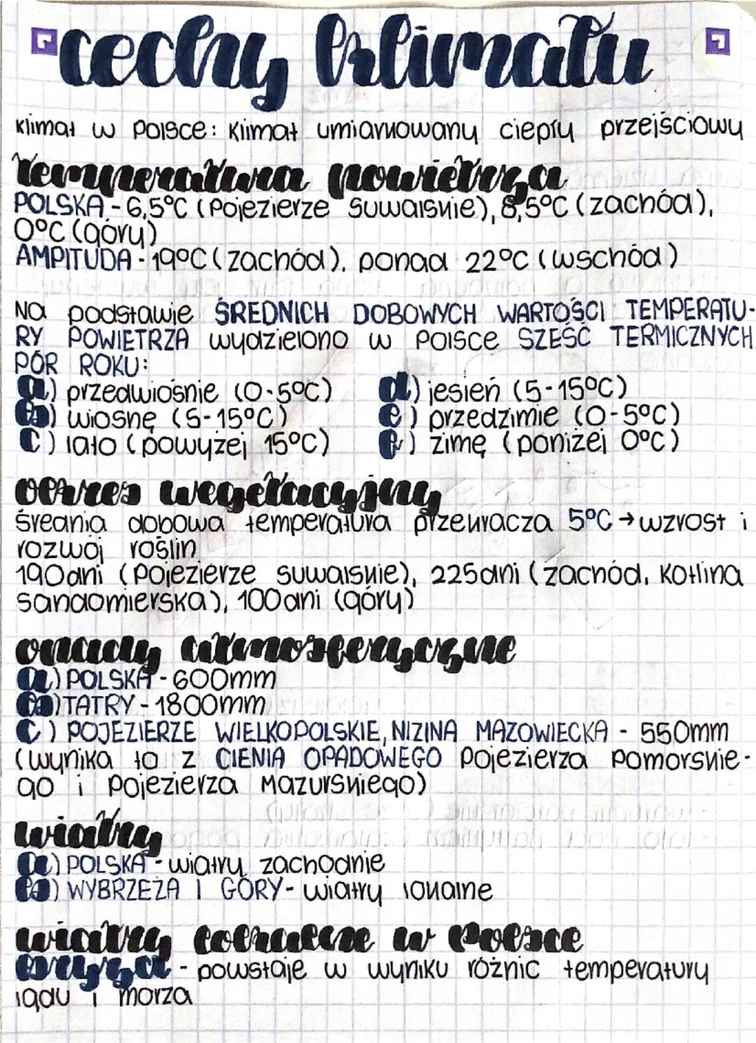 --- OCR Start ---
cechy brlimatu
Klimał w Polsce: Kiimał umiaruowany ciepty przejściowy
Temperatима пометиза
POLSKA-6,5$°C$ (Pojezierze Suwa