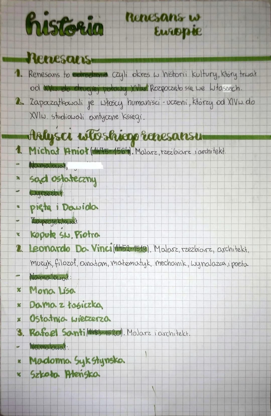 historia
Renesans
1. Renesans to drodzenie czyli okres w historii kultury, który trwał
ool XVw do drugiej połowy XVII Rozpoczęło się we Włos