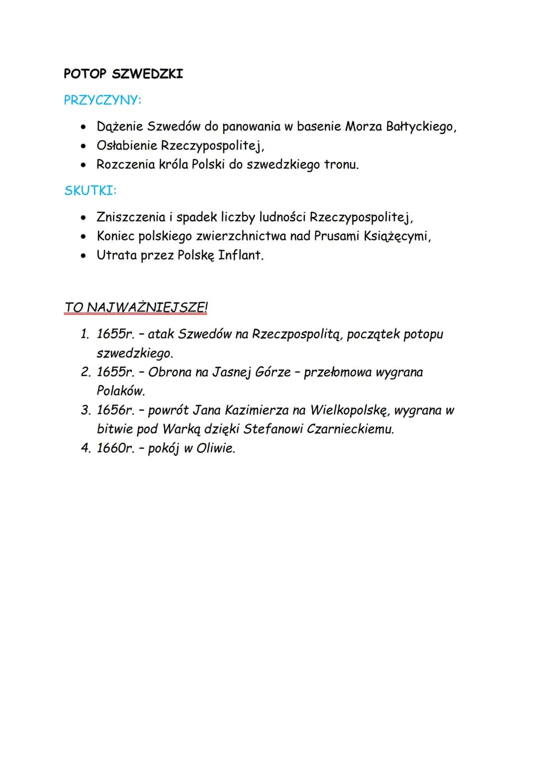 --- OCR Start ---
Temat: Potop szwedzki.
Król Szwecji, Karol X Gustaw postanowił zaatakować Rzeczpospolitą,
mimo że obowiązywał nadal rozejm