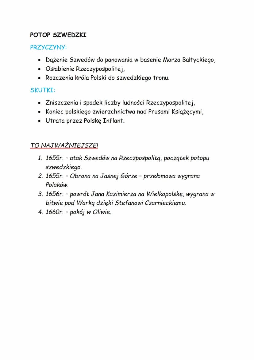 --- OCR Start ---
Temat: Potop szwedzki.
Król Szwecji, Karol X Gustaw postanowił zaatakować Rzeczpospolitą,
mimo że obowiązywał nadal rozejm