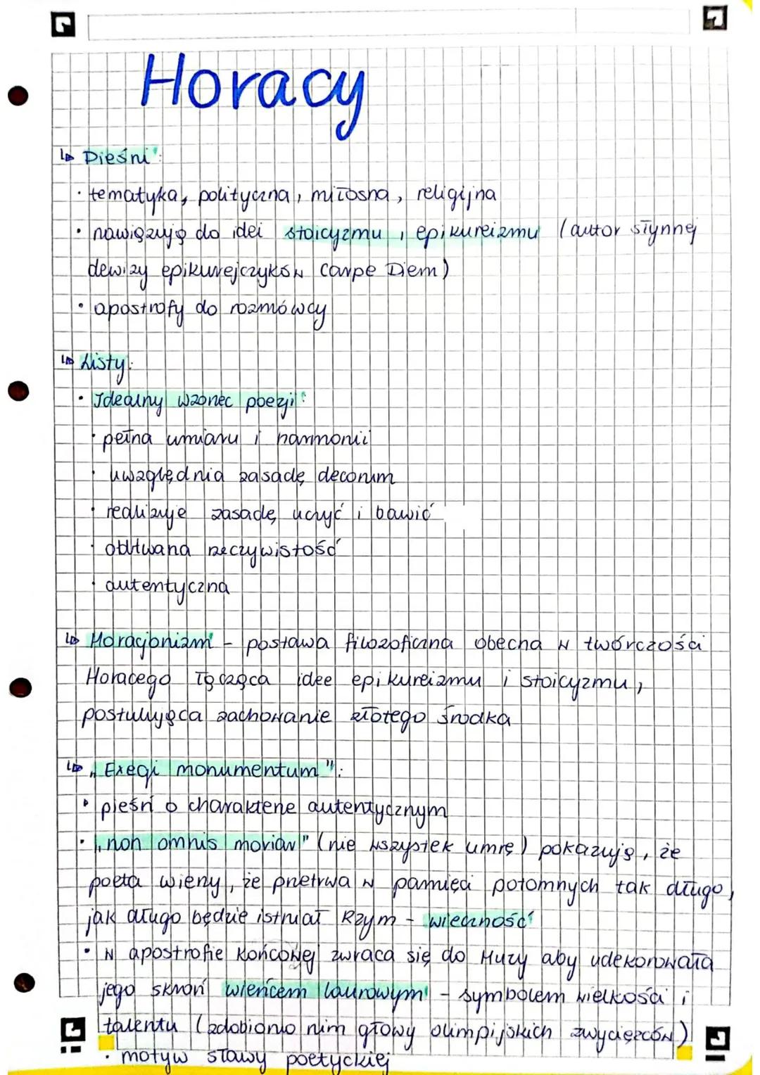 # Horacy

Lo Dieśni

*   tematyka, polityczna, mitosna, religijna
*   nawiązują do idei stoicyzmu, epikurizmu (autor słynneg
dewi zy epikuve