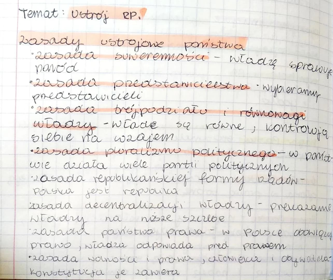 Temat: Ustroj RP.
Lasady ustrojowe
•20saita
paród
•20sado przedstawicielstwa - wybieramy
ponistwa
suweremości - wladzę sprawuje
predstawicie