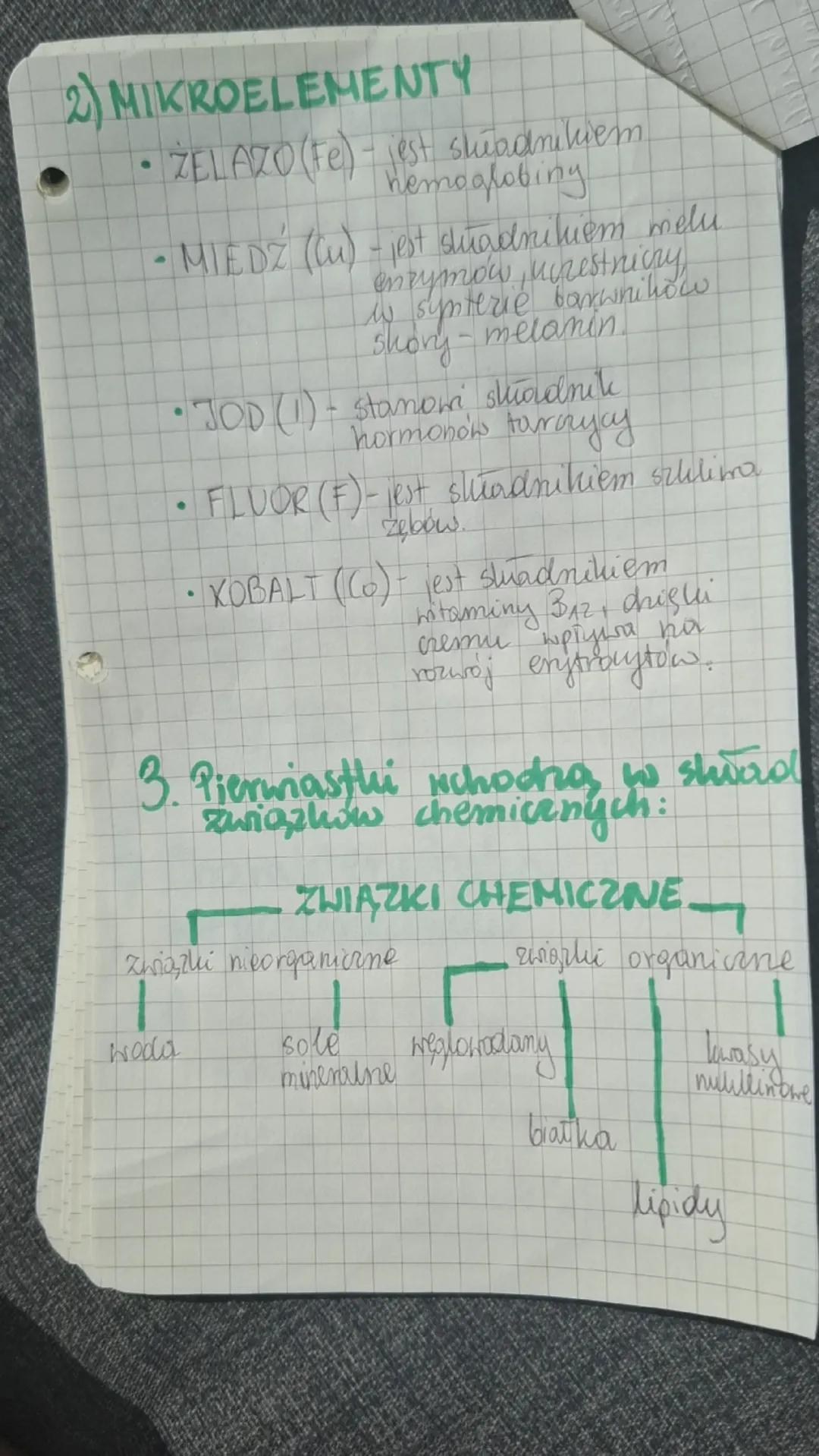 1.
Biologia
PIERWIASTKI
Mikroelementy
•żelazo (Fe)
• Miedź (Cu)
• Jod (I)
• Fluor (F)
• Kobalt (Co)
Pierwiastki
biogenne
• Węgiel (C)
• Wodo