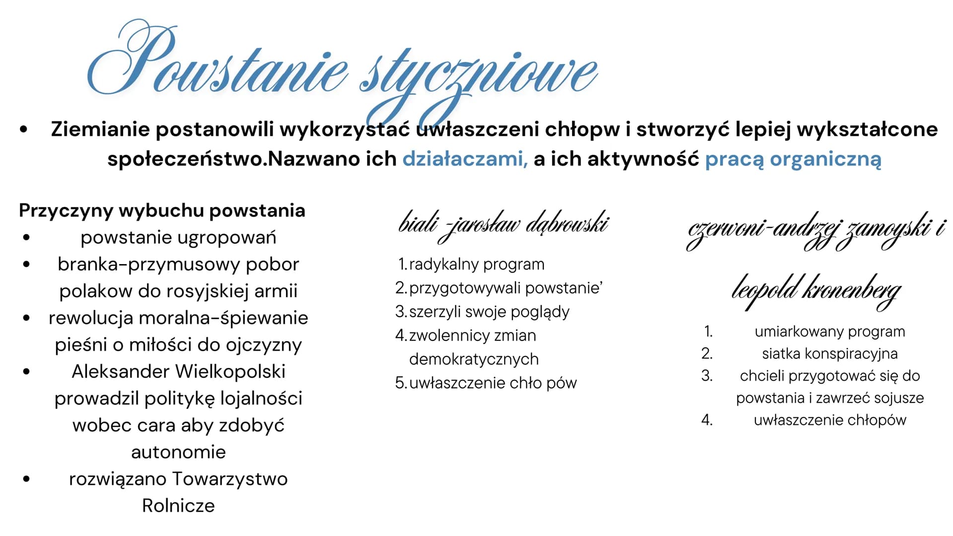 # Powstanie styczniowe

* Ziemianie postanowili wykorzystać uwłaszczeni chłopw i stworzyć lepiej wykształcone
społeczeństwo. Nazwano ich dzi