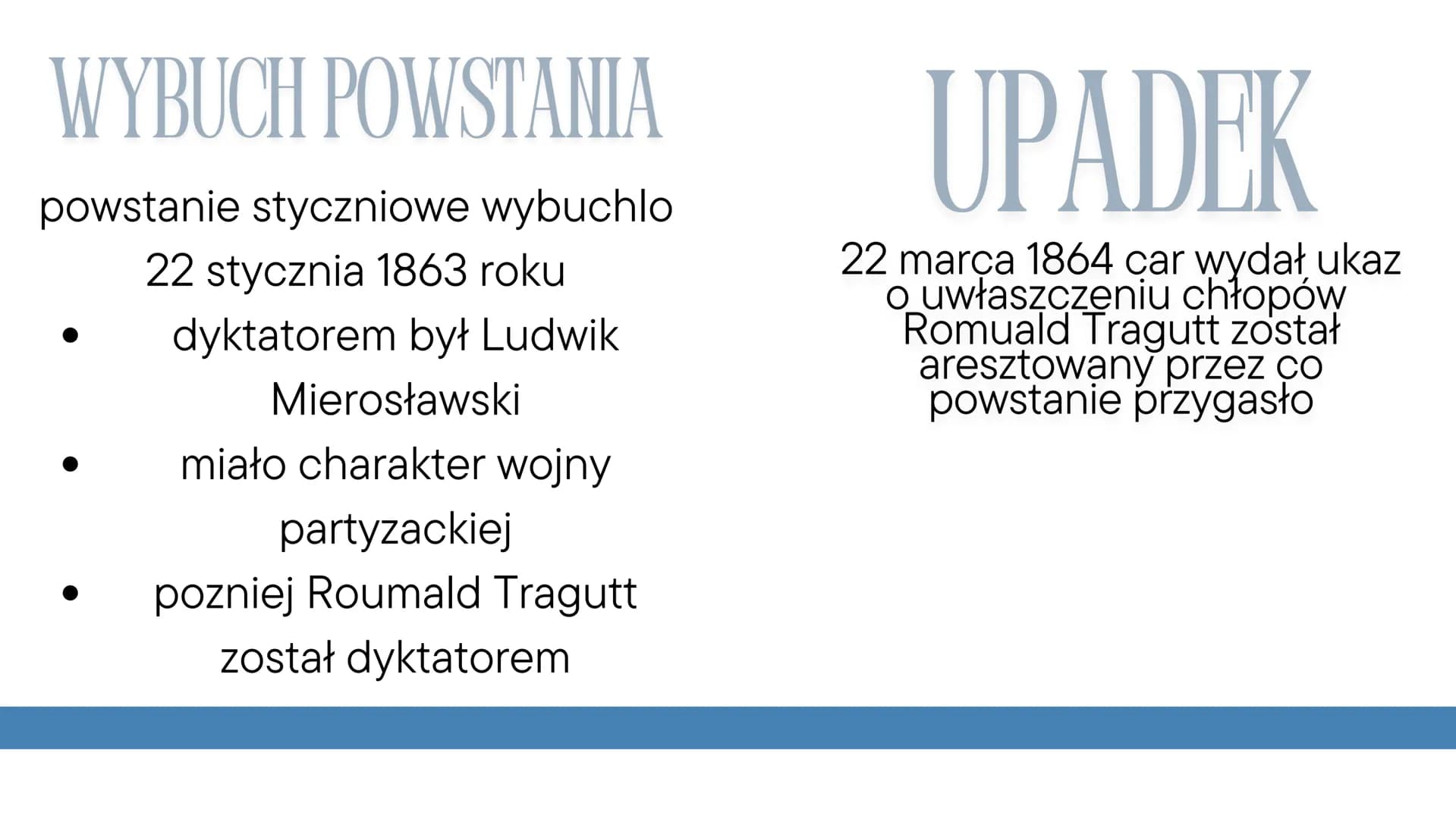 # Powstanie styczniowe

* Ziemianie postanowili wykorzystać uwłaszczeni chłopw i stworzyć lepiej wykształcone
społeczeństwo. Nazwano ich dzi