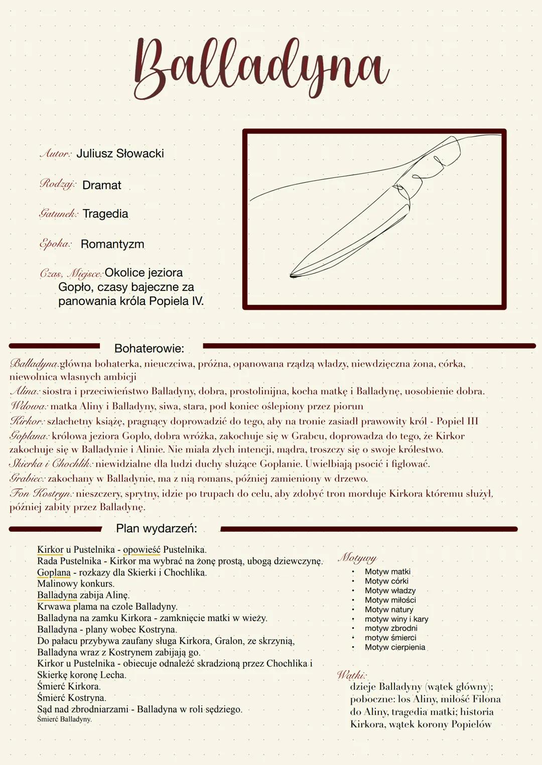 # Balladyna

Autor: Juliusz Słowacki

Rodzaj: Dramat

Gatunch: Tragedia

Spoka: Romantyzm

Czas, Miejsce: Okolice jeziora
Gopło, czasy bajec