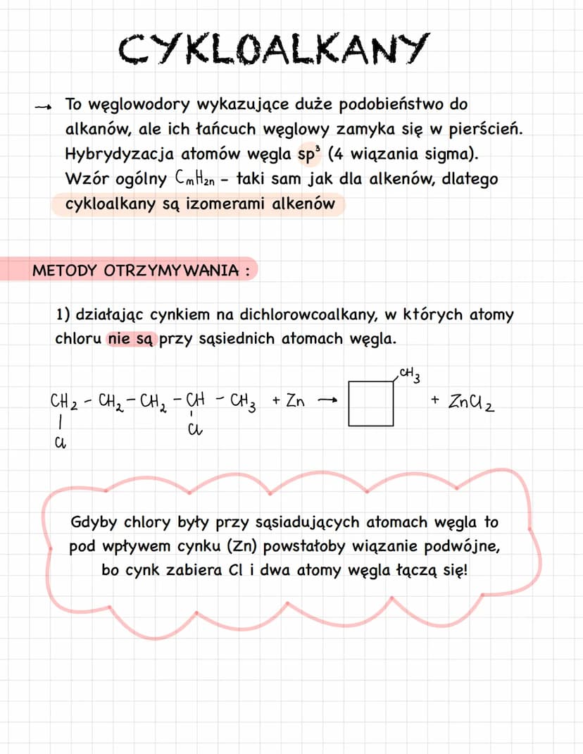 -
CYKLOALKANY
To węglowodory wykazujące duże podobieństwo do
alkanów, ale ich łańcuch węglowy zamyka się w pierścień.
Hybrydyzacja atomów wę