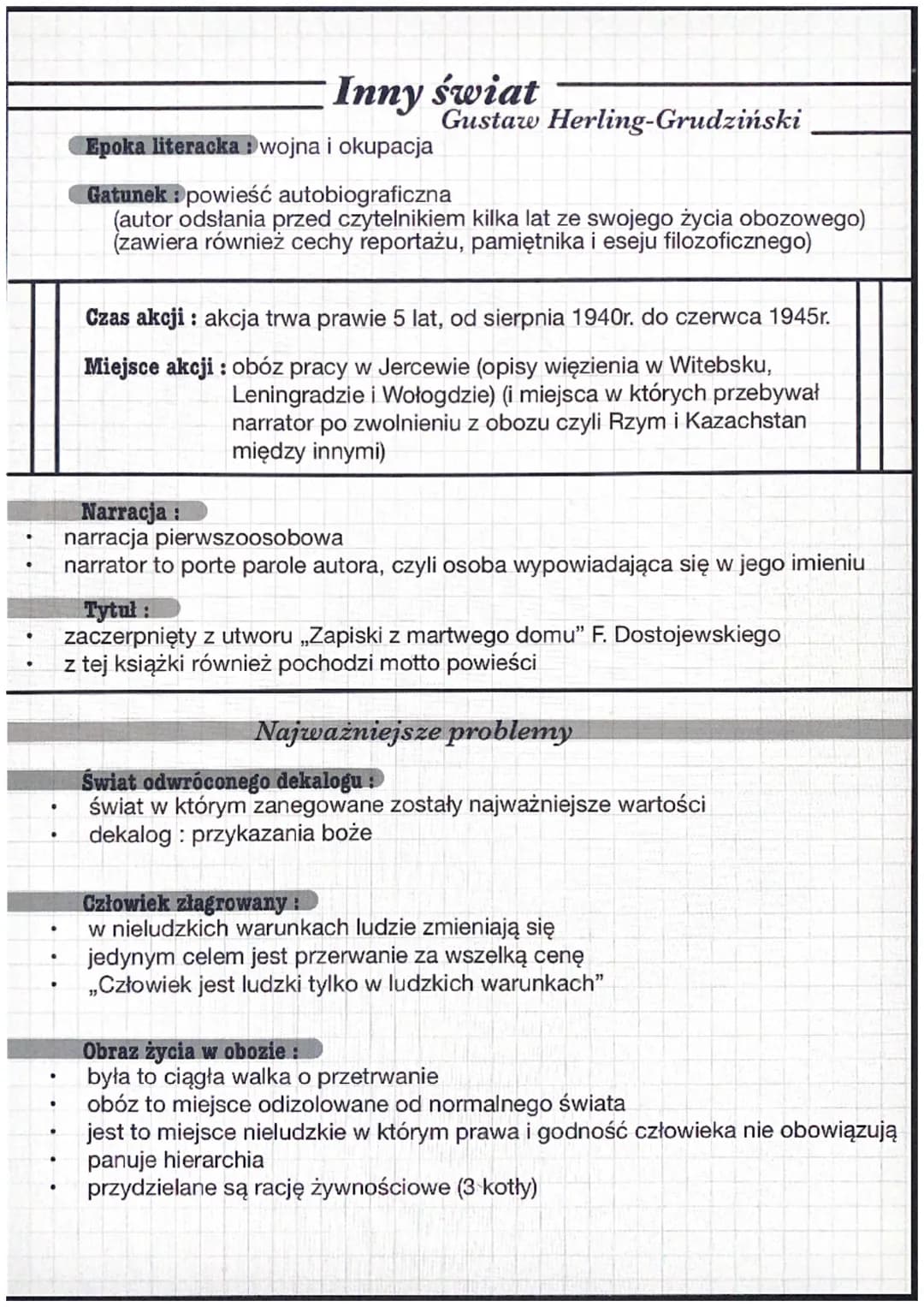 •
•
.
•
.
•
Inny świat
Epoka literacka: wojna i okupacja
Gatunek: powieść autobiograficzna
Gustaw Herling-Grudziński
(autor odsłania przed c