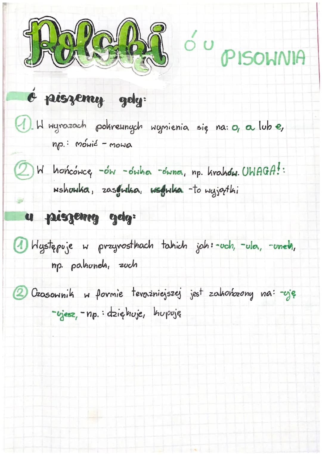 Polobs ou
M
ó piszemy gdy:
1.W wyrazach pokrewnych wymienia się na: 0, a lub e,
np.:
.: mówić
Mowa
PISOWNIA
W hońcówce -ów -ówka -ówna, np. 