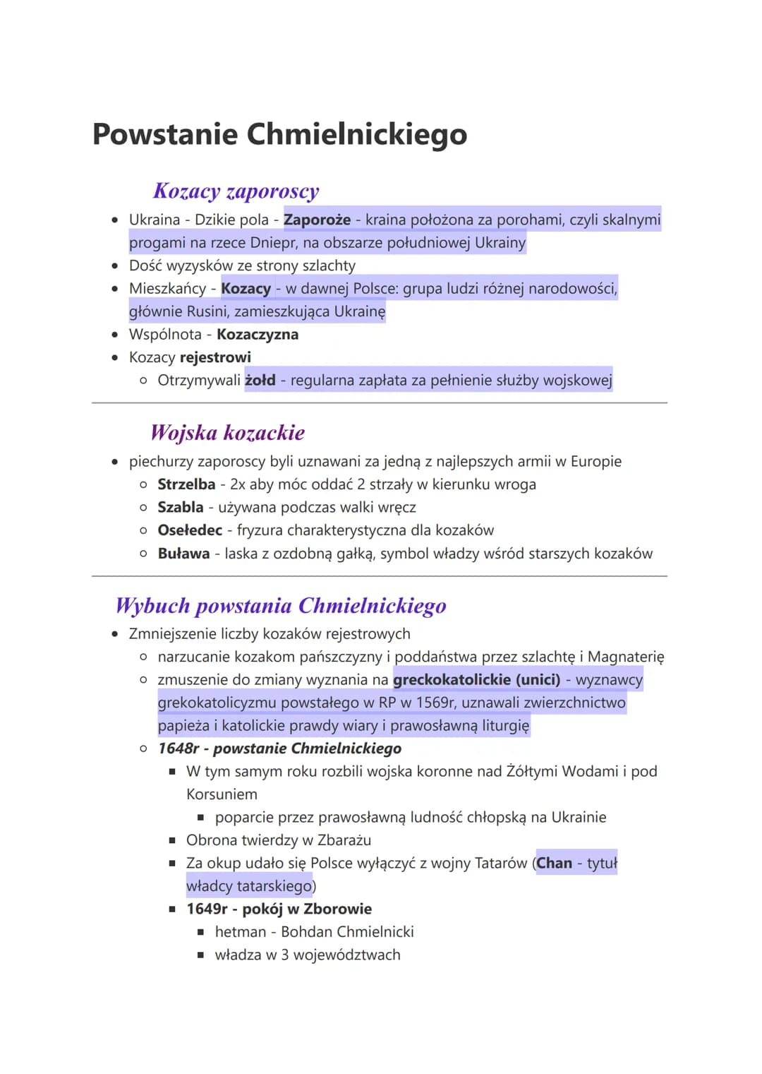 Powstanie Chmielnickiego
Kozacy zaporoscy
• Ukraina - Dzikie pola - Zaporoże - kraina położona za porohami, czyli skalnymi
progami na rzece 