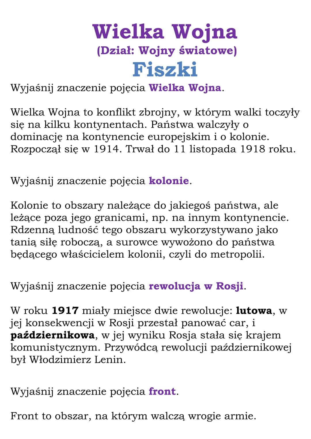 Wielka Wojna
(Dział: Wojny światowe)
Fiszki
Wyjaśnij znaczenie pojęcia Wielka Wojna.
Wielka Wojna to konflikt zbrojny, w którym walki toczył