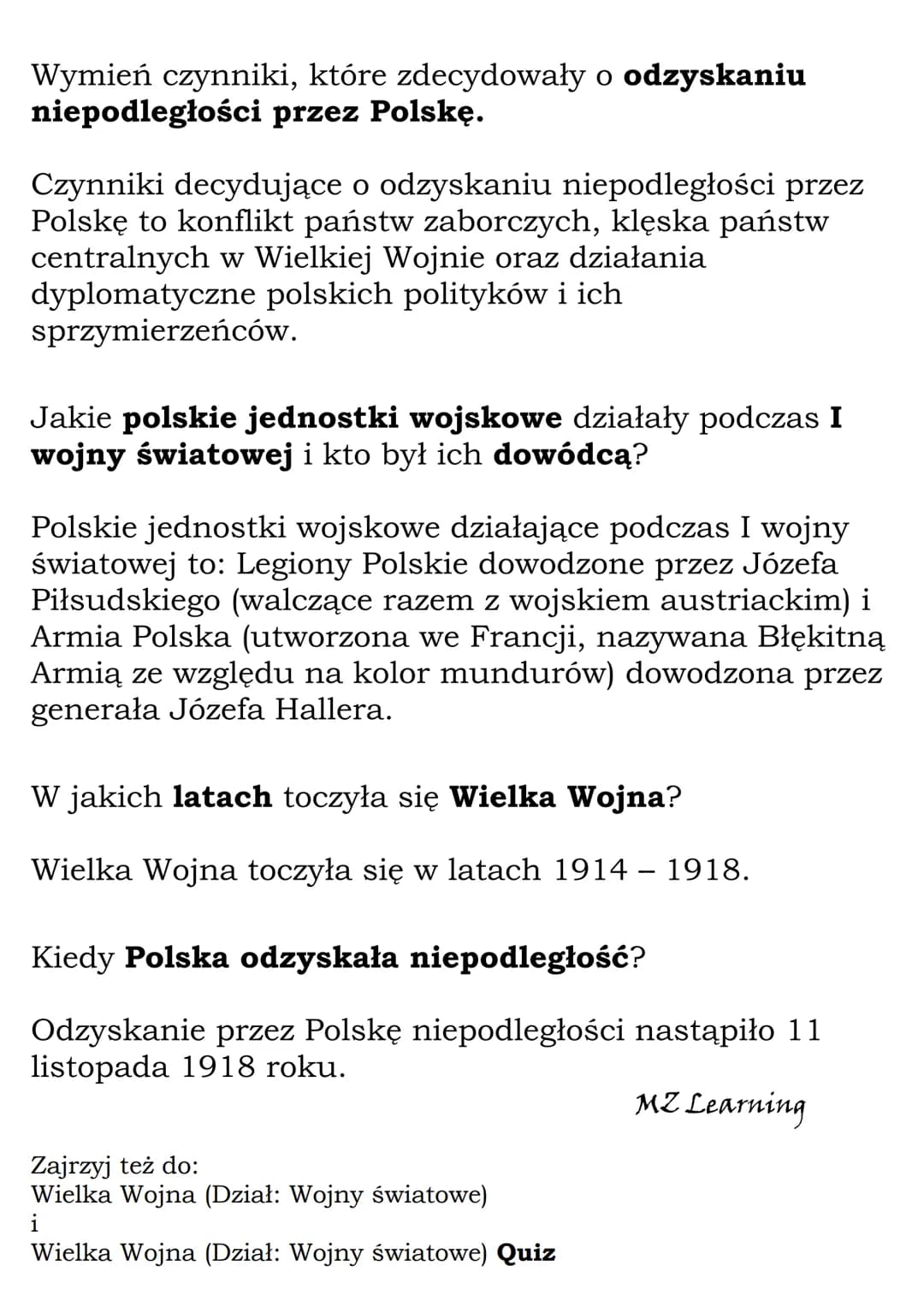 Wielka Wojna
(Dział: Wojny światowe)
Fiszki
Wyjaśnij znaczenie pojęcia Wielka Wojna.
Wielka Wojna to konflikt zbrojny, w którym walki toczył