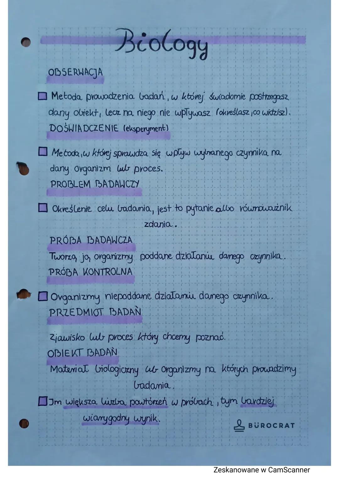 Biology
OBSERWACJA
Metoda prowadzenia badań, w której świadomie postrzegasz
dany obiekt, lecz na niego nie wpływasz (określasz, co widzisz).