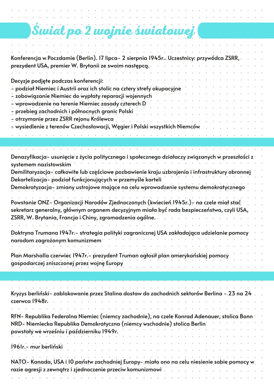 Swiat po 2 wojnie światowej
Konferencja w. Poczdamie (Berlin). 17 lipca- 2 sierpnia 1945r.. Uczestnicy: przywódca ZSRR,
prezydent USA, premi