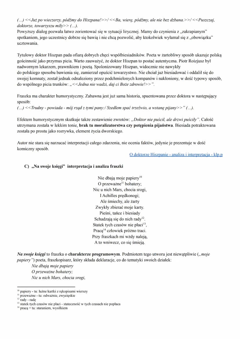 JAN KOCHANOWSKI - FRASZKI
WYBRANE FRASZKI
A) ,,Do gór i lasów" - interpretacja i analiza fraszki
Wysokie góry i odziane¹ lasy!
Jako rad na w