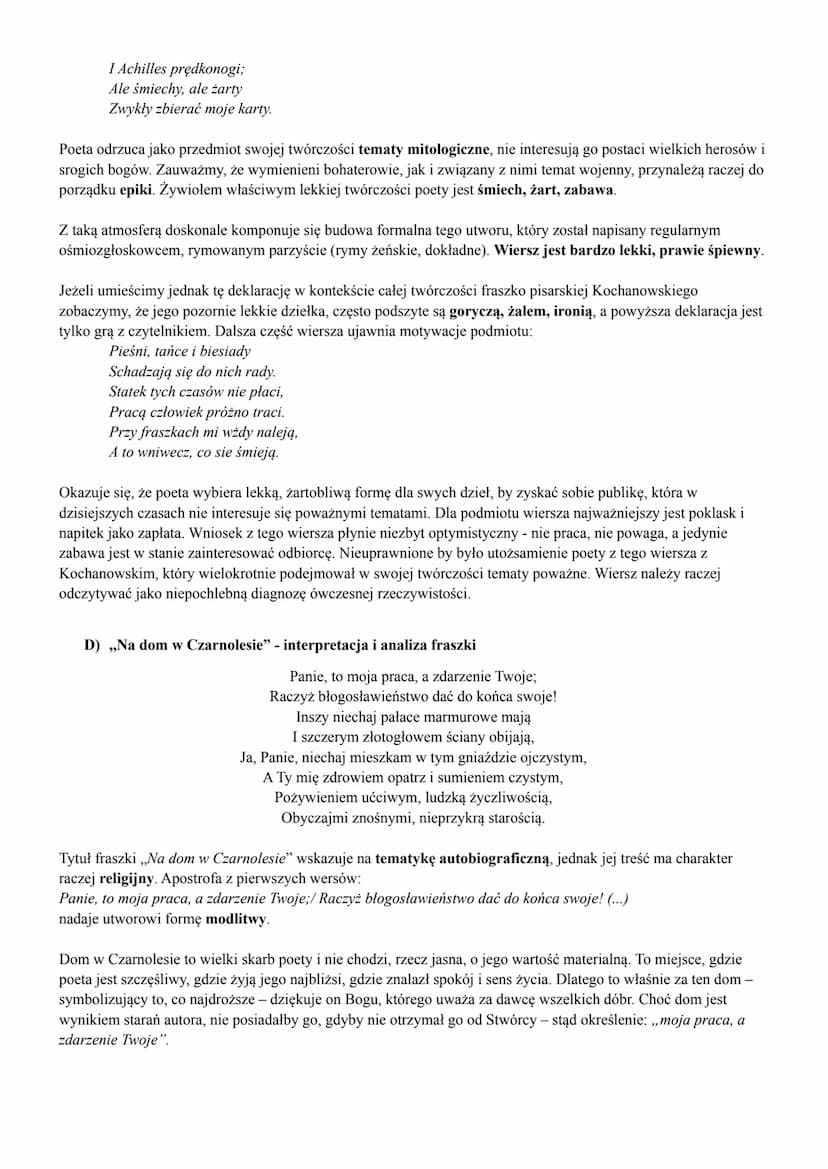 JAN KOCHANOWSKI - FRASZKI
WYBRANE FRASZKI
A) ,,Do gór i lasów" - interpretacja i analiza fraszki
Wysokie góry i odziane¹ lasy!
Jako rad na w