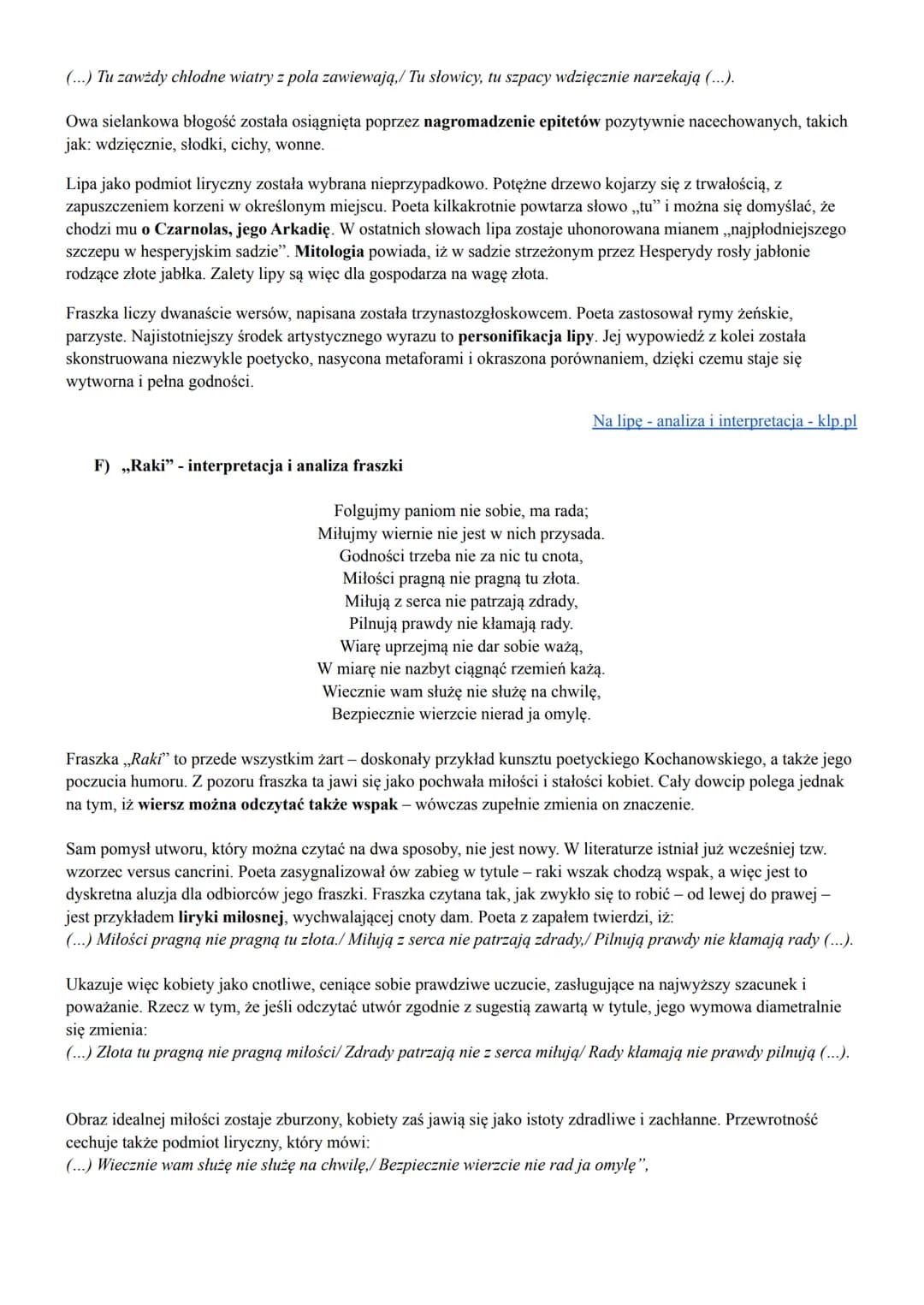 JAN KOCHANOWSKI - FRASZKI
WYBRANE FRASZKI
A) ,,Do gór i lasów" - interpretacja i analiza fraszki
Wysokie góry i odziane¹ lasy!
Jako rad na w