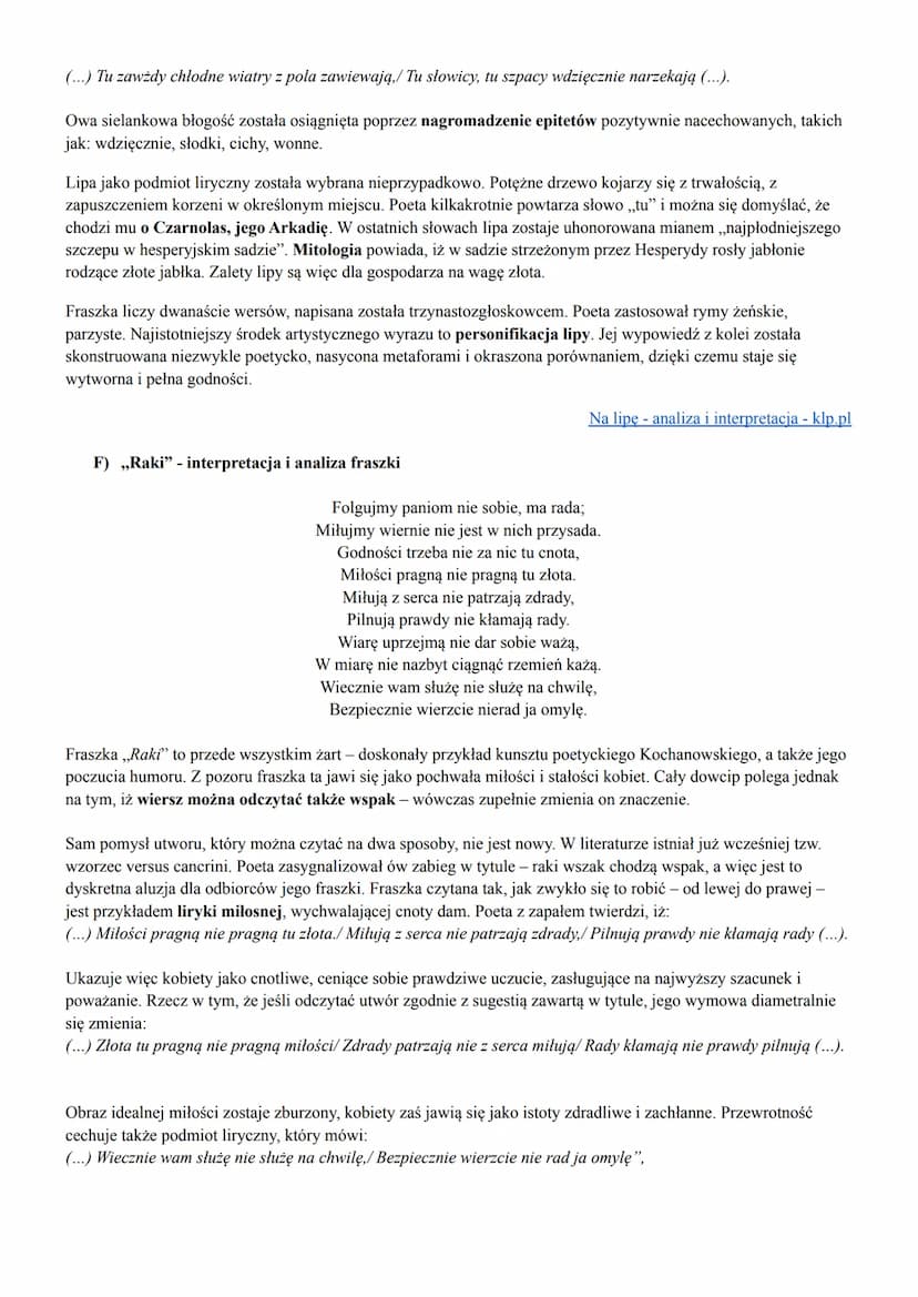 JAN KOCHANOWSKI - FRASZKI
WYBRANE FRASZKI
A) ,,Do gór i lasów" - interpretacja i analiza fraszki
Wysokie góry i odziane¹ lasy!
Jako rad na w