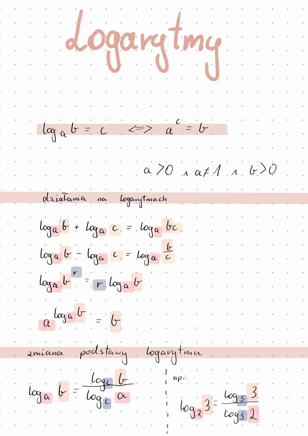 Logarytmy
log a b
działania
a
=
loga b + Loga
loga b - loga.
в
Loga. b
loga b
loga b =
с
zmiana po
na
с
<=>
C. =
logarytmach
loge b
logo
a
а