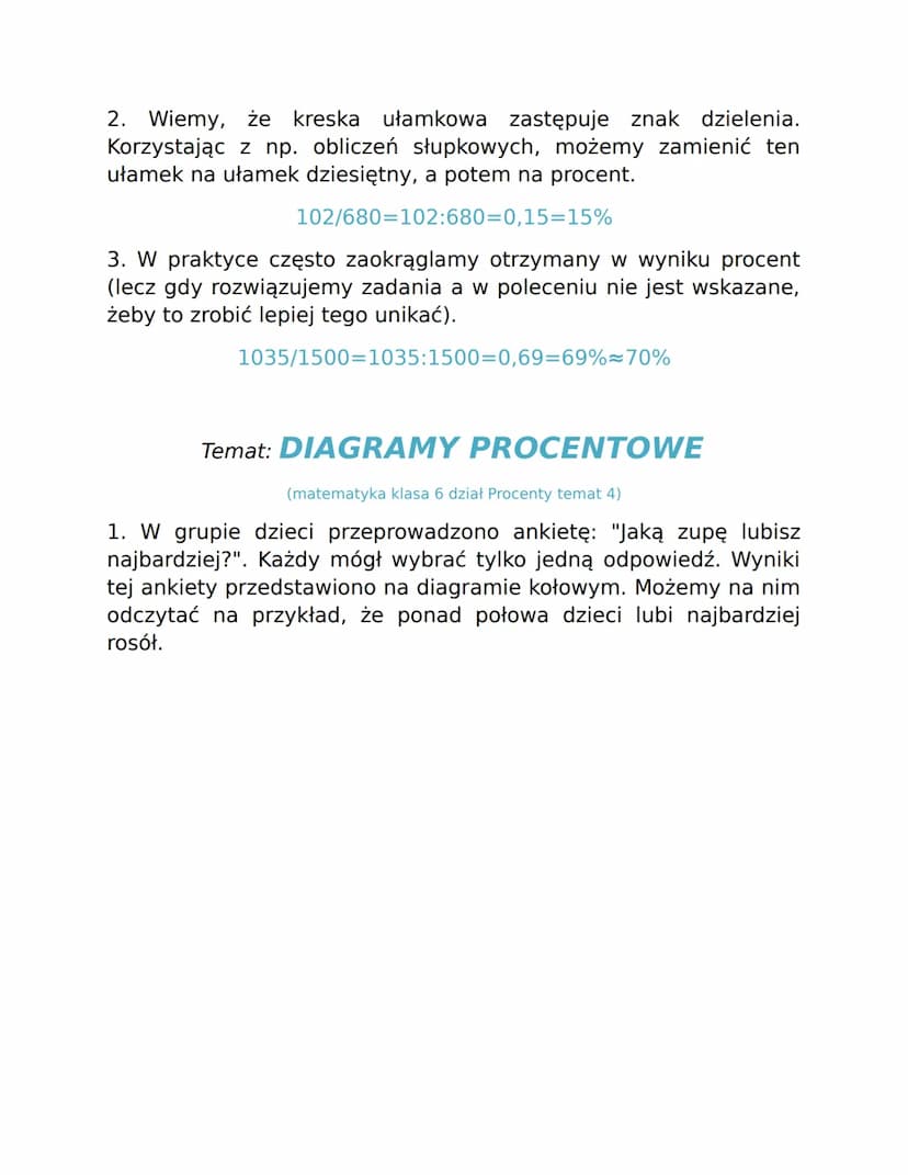 PODSUMOWANIE DZIAŁU
Temat: PROCENTY I UŁAMKI
(matematyka klasa 6 dział Procenty temat 1)
1. Jeden procent danej wielkości to setna część tej