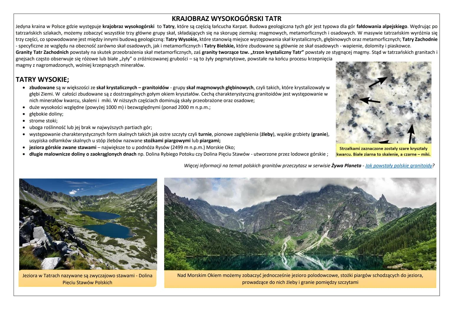 KRAJOBRAZ WYSOKOGÓRSKI TATR
Jedyna kraina w Polsce gdzie występuje krajobraz wysokogórski to Tatry, które są częścią łańcucha Karpat. Budowa