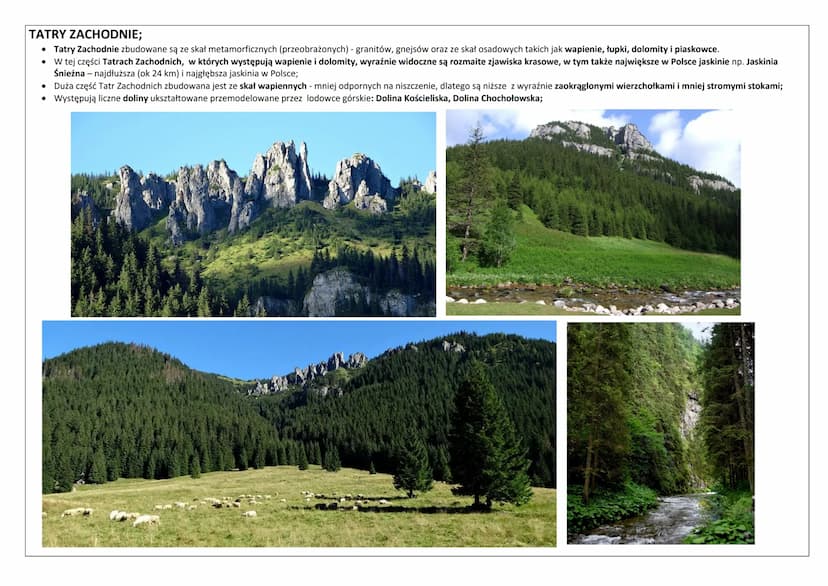 KRAJOBRAZ WYSOKOGÓRSKI TATR
Jedyna kraina w Polsce gdzie występuje krajobraz wysokogórski to Tatry, które są częścią łańcucha Karpat. Budowa