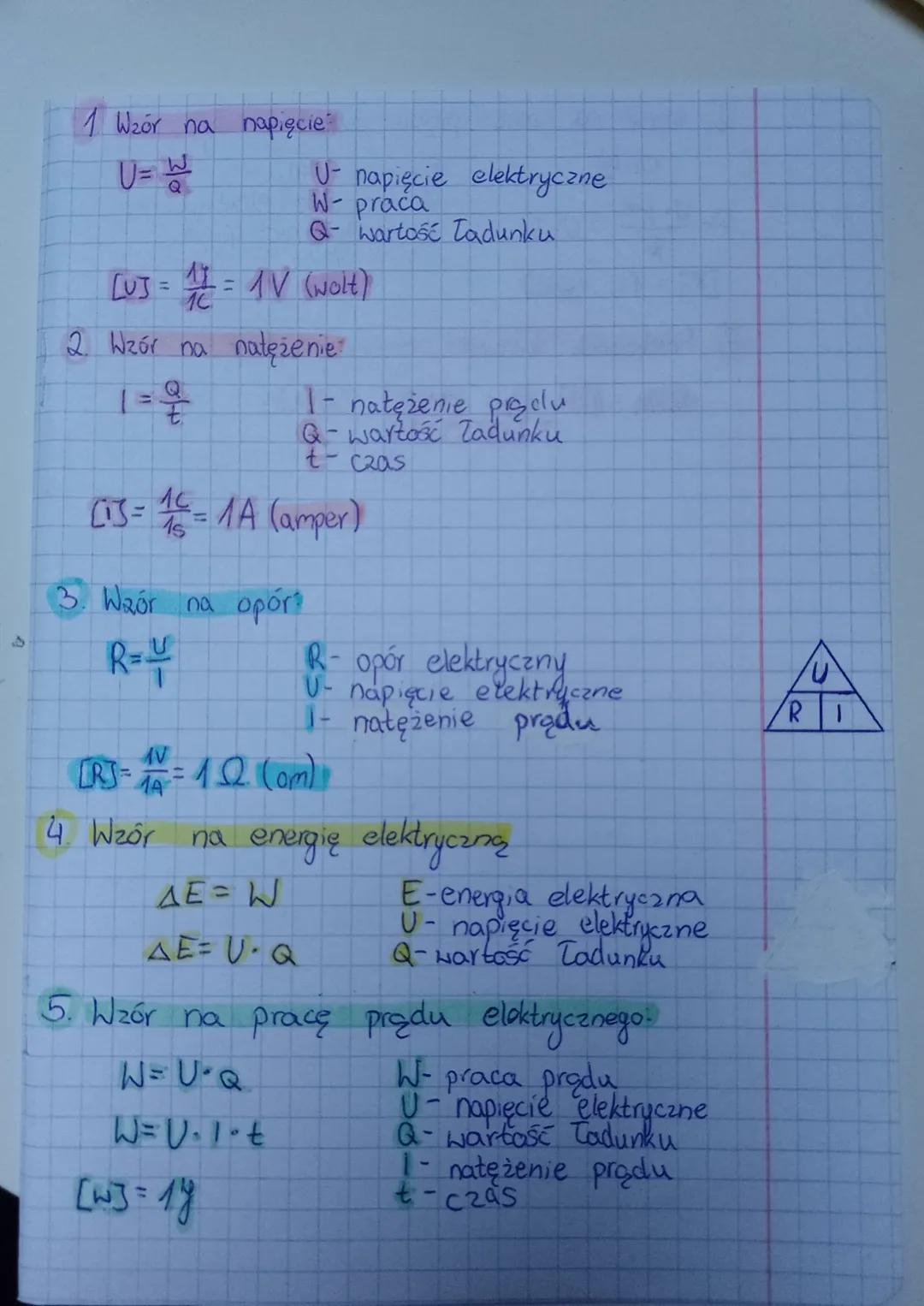 1 Wzór na napięcie:
[UJ = 12 = 1V (wolt)
10
2. Wzór na natężenie
=
U- napięcie elektryczne
W- praca
Q- wartość Tadunku
1- natężenie produ
Q-