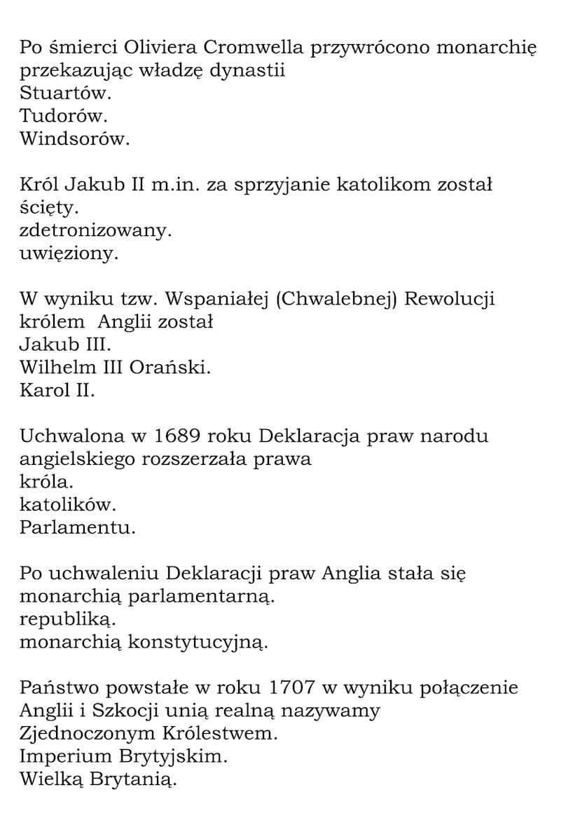 Monarchia
parlamentarna w Anglii -
Stuartów.
Tudorów.
Windsorów.
Test
W pierwszej połowie XVII wieku do władzy absolutnej w
Anglii dążyli kr