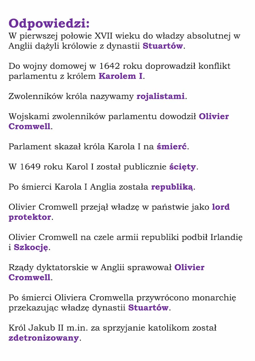 Monarchia
parlamentarna w Anglii -
Stuartów.
Tudorów.
Windsorów.
Test
W pierwszej połowie XVII wieku do władzy absolutnej w
Anglii dążyli kr
