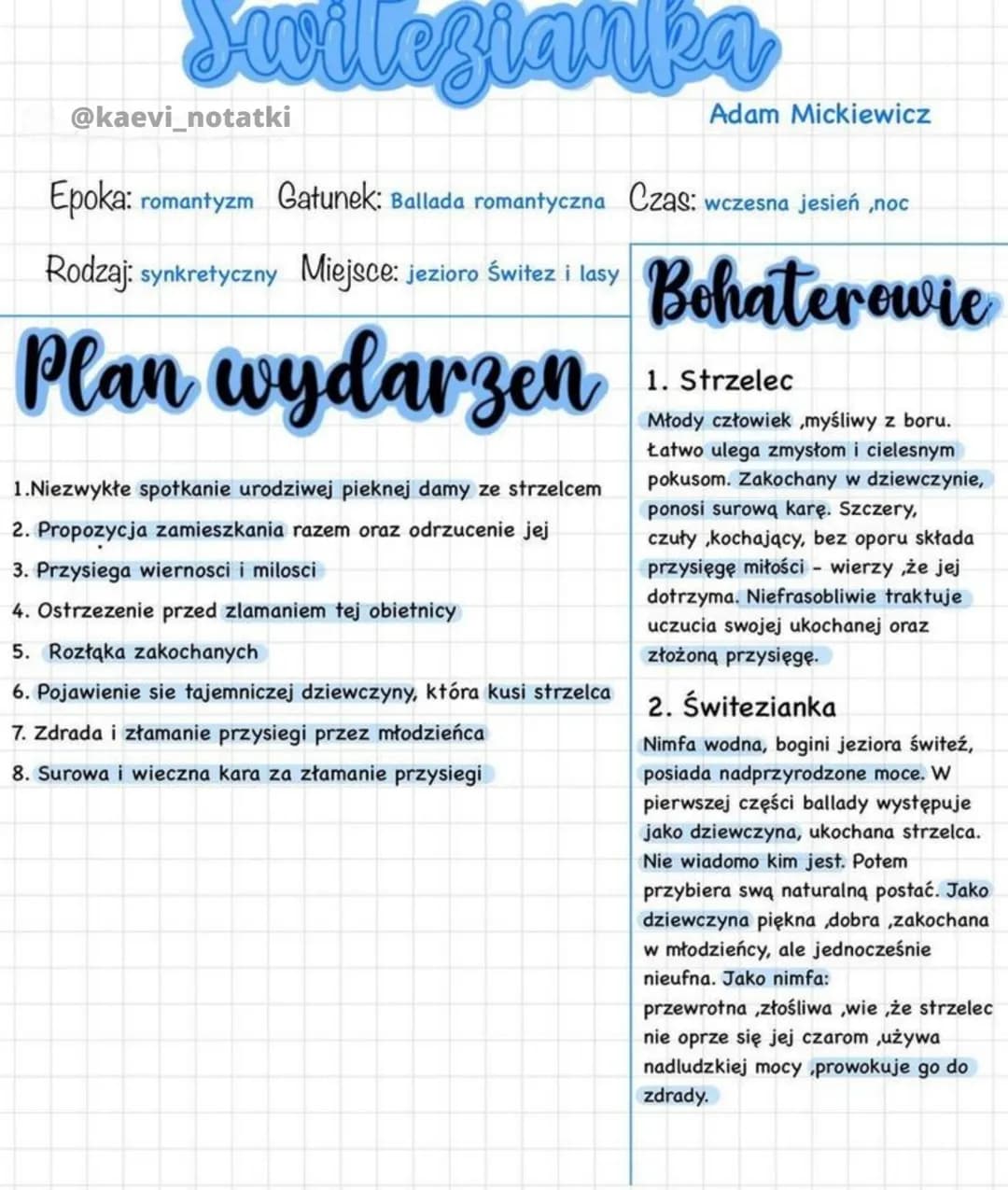 Swilesianka
@kaevi_notatki
Adam Mickiewicz
Epoka: romantyzm Gatunek: Ballada romantyczna Czas: wczesna jesień ,noc
Rodzaj: synkretyczny Miej