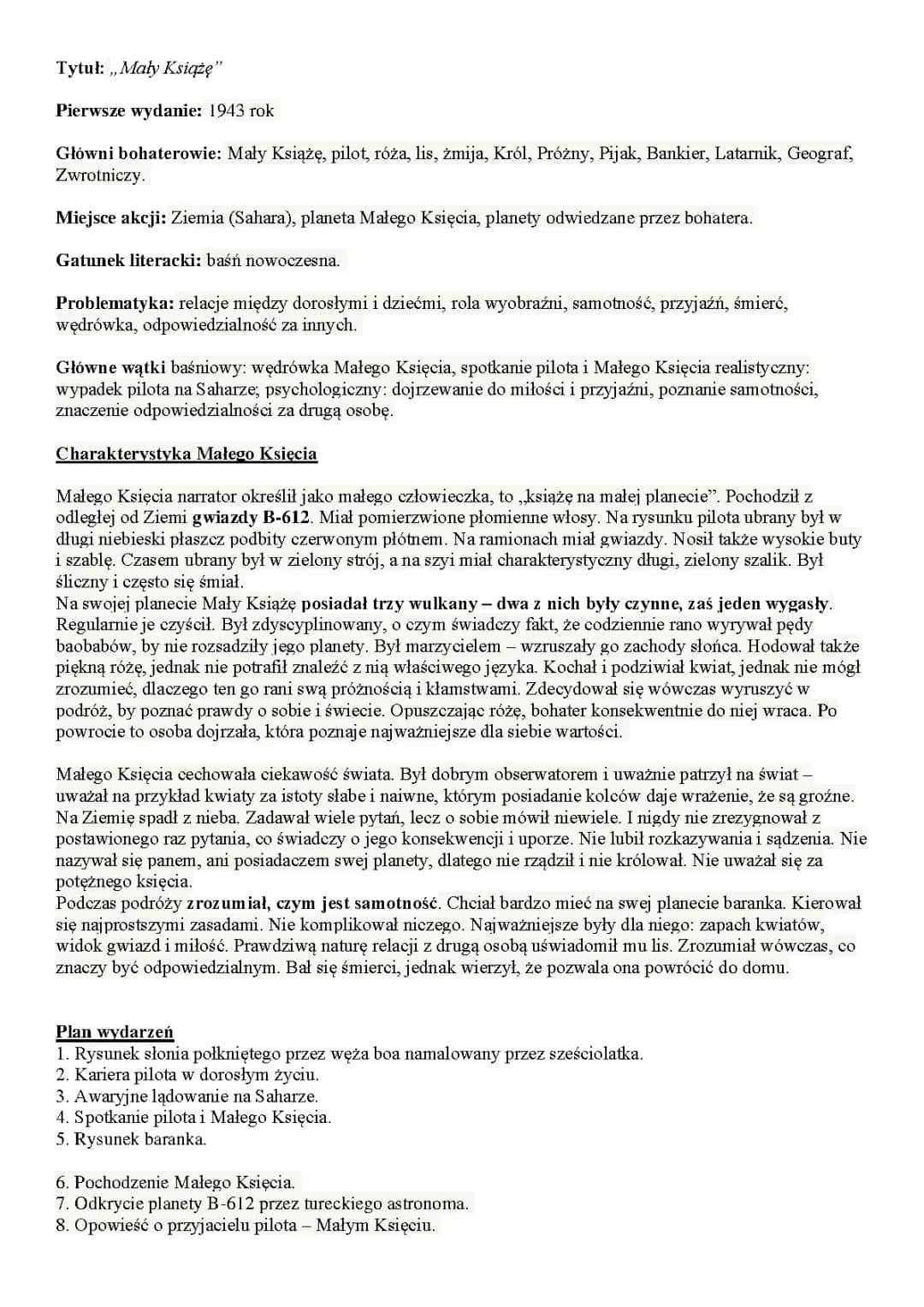 Mały książę opracowanie 