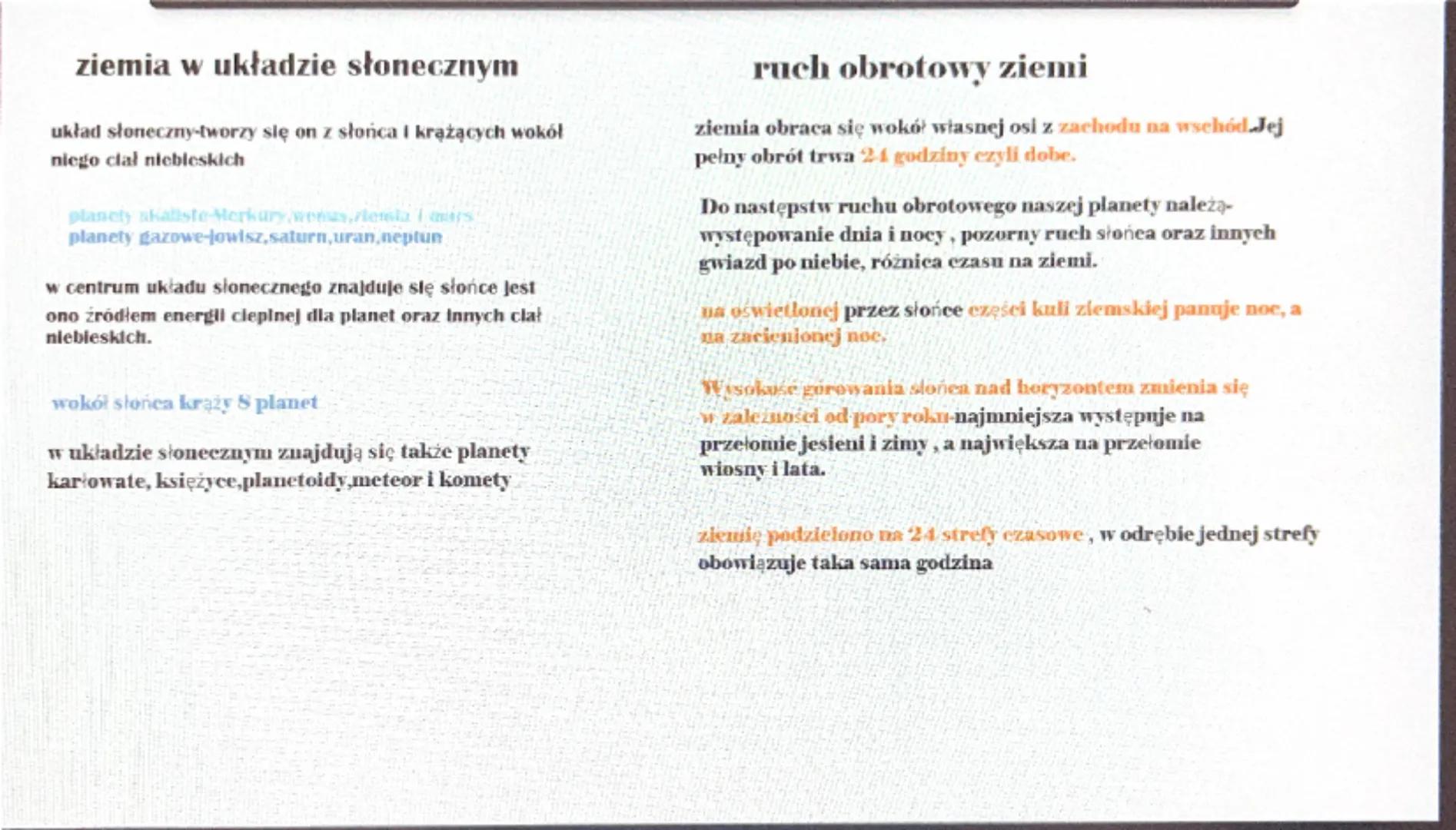 ziemia w układzie słonecznym
układ słoneczny-tworzy się on z słońca I krążących wokół
niego ciał niebieskich
planety skaliste-Merkury wens./