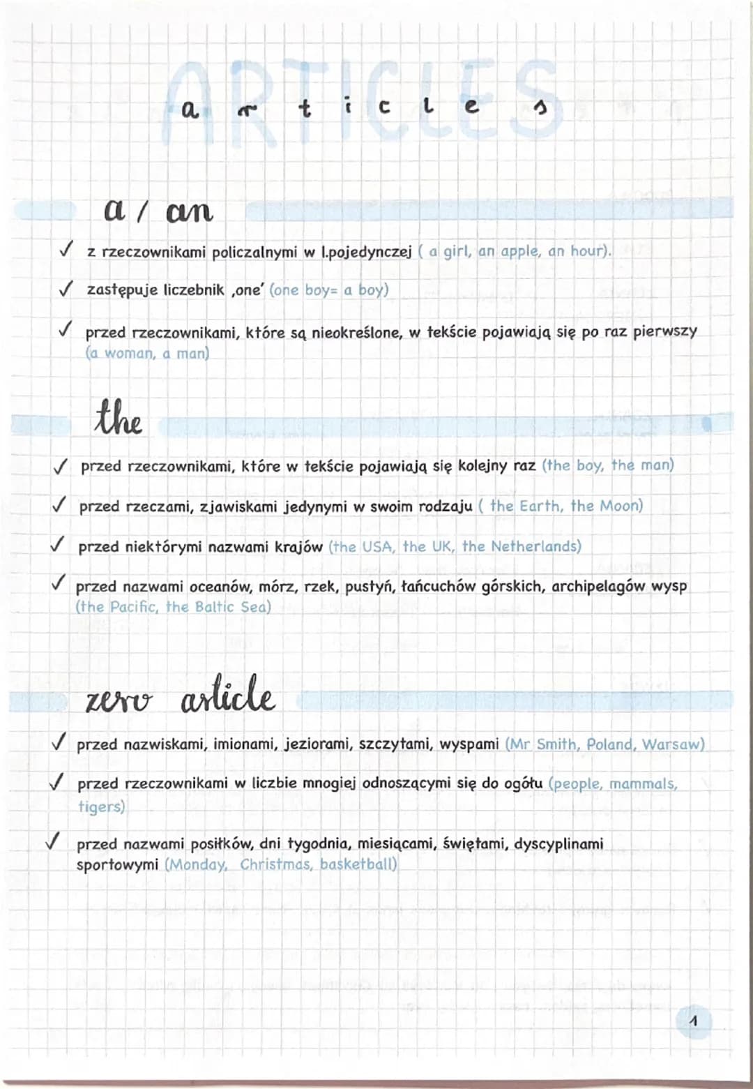 --- OCR Start ---
articles
✓
a/an
z rzeczownikami policzalnymi w l.pojedynczej (a girl, an apple, an hour).
✔ zastępuje liczebnik,one' (one 