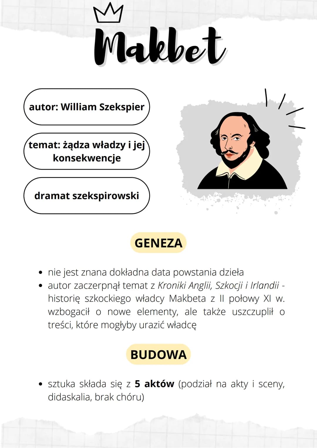 Makbet
autor: William Szekspier
temat: żądza władzy i jej
konsekwencje
dramat szekspirowski
GENEZA
nie jest znana dokładna data powstania dz